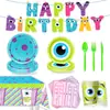 Conjunto de Decoração de Aniversário de Monstro Fofo Colorido Adorável Monstro Pratos de Papel Copos de Papel Caminho de Mesa Topper de Bolo Suprimentos para Festa