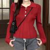 Nuevo Elegante Corto Tejido de Punto Prendas de Punto Manga Larga para Mujer Primavera y Otoño Nuevo Estilo con Cuello Polo Top Exterior de Punto Estilo Suave