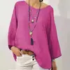 Todas as Cores e Tamanhos Produto Novo Transfronteiriço Amazon Aliexpress Outono Algodão e Linho Cor Sólida Manga Longa Solto Top para Mulheres