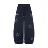 Pantalones de chándal anchos de color azul marino con bordado de estrella hueca de cinco puntas para hombre y mujer, con pequeño texto en inglés, cintura con cordón y puños ajustables, pantalones largos casuales