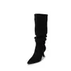 Primer encuentro: Botines retro de ante estilo coreano con punta fina, tacón delgado y diseño fruncido, perfectos para otoño e invierno. Nueva colección de botas largas para mujer con un look estilo western