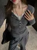 Elegante Camisa Base Tricotada com Renda Falsa de Duas Peças com Decote V para Mulheres, Novo Top Coreano Slim Fit de Manga Longa para Outono/Inverno, Desejo Puro