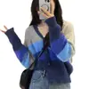 Estilo Coreano Otoño e Invierno Nuevo Cuello en V Combinación de Colores Estilo Holgado Perezoso Cárdigan de Punto para Mujer Versátil Suave Ceroso Suéter Rayado Chaqueta