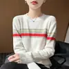 Suéter de punto de algodón puro a rayas retro para mujer, cuello redondo, diseño a rayas de bloques de color, casual y adecuado para el trabajo, se puede usar como capa exterior o como capa base