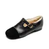 Zapatos Planos Mary Jane Retro Estilo Preppy Camelia Hebilla en T Piel Integrada Punta Redonda Forro de Lana Zapatos Pequeños de Cuero para Mujer