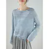 Elegante blusa de tricô com gola redonda e detalhes vazados em fio de papel para mulheres, novo estilo primavera/verão, fino suéter para proteção solar