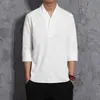 Camiseta Retro de Algodão e Linho Estilo Chinês Gola V Linho Hanfu Verão Sete-mangas Moda Solta Tamanho Grande Moda Meia-manga Masculino