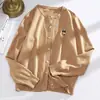 Casaco Cardigan Feminino de Tricô com Gola Redonda e Manga Longa Bordado Outono Inverno Estilo College Solto Tricô Estilo Preguiçoso Top de Lã