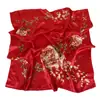 Xale de Proteção Solar Transfronteiriço de 90cm, Tecido Fino de Seda com Estampa de Flor de Pêssego, Lenço de Cabeça com Lenço de Seda Estampado