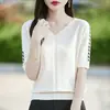 Nueva prenda de punto de verano transfronteriza para mujer, cuello en V, corte holgado, de punto, manga corta, camiseta jacket de terciopelo Andy, top para mujer