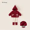 Conjunto de Ano Novo Bangxuan para Meninas 2026 Moletom Doce Vermelho Calça Jogger Versátil Conjunto de Duas Peças Infantil Macacão para Bebê