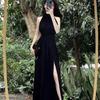 Vestido Elegante Negro de Tirantes al Cuello sin Mangas para Mujer, Nuevo Estilo Francés Verano 2025 Elegante Vestido Largo con Abertura y Ceñido a la Cintura