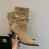 Botines de Tobillo de Piel de Ante Retro Coreanos con Punta Fina para Mujer 2026 Otoño/Invierno Nuevos Botines Acordonados Plegados Botas de Tacón Alto Delgado Elegantes