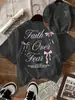 Camiseta para Mujer Estampado Lazo Rosa Fe sobre Miedo Camiseta de Algodón Versátil Ropa Casual Cuello Redondo Hip-Hop Y