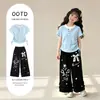 Conjunto de Duas Peças Casual de Calça de Renda com Laço para Meninas, Estilo Preppy, Moderno e Personalizado, com Top Plissado