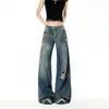 Jeans de pierna ancha de tiro bajo estilo americano para mujer, nueva colección de verano 2026, corte holgado, adelgazante, versátil, con detalles rasgados, hasta el suelo