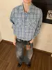 Camisa de manga comprida xadrez azul estilo retrô americano para homens e mulheres, casual e versátil para o início do outono