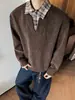 Camisa Polo Patchwork Falsa de Dos Piezas con Patrón de Espiga de Trigo para Hombre, Otoño, Nuevo Diseño, Holgada, Cuadros, Cuello de Solapa, Manga Larga