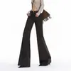 Foto real jeans de perna larga cor café escuro feminino outono inverno 2026 novo cintura alta não gruda nas pernas reto solto levemente flare calças
