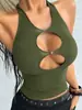 Camisole verde oliva com design vazado, corte justo, gola halter para mulheres, top de estilo sexy, regata curta modeladora