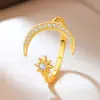 Anillo de Estrella de Cinco Puntas y Luna Chapado en Oro de 18 Quilates Microincrustado con Circonita, Anillo Abierto Elegante para Mujer, Joyería de Venta Caliente Transfronteriza