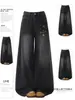 Jeans Bordados Retro Negros Desgastados para Mujer Otoño Nuevo Pierna Ancha Holgados Adelgazantes Pantalones Largos hasta el Suelo Trendy de Instagram