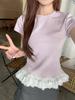 Foto Real de Camiseta Top Elegante de Estilo Coreano para Verano 2026 con Encaje Empalmado de Estilo Ballet en Colores Caramelo de Manga Corta para Mujer 81149