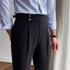 Elegantes pantalones casuales Nápoles para hombre, sin arrugas, estilo italiano de negocios, hebilla de París, pantalones de pierna recta de cintura alta