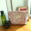 Bolsa de Maquillaje de Lona con Flores Rosas y Hojas Verdes Bolso de Mano para Mujer Bolso Artístico Simple Versátil Urbano Portátil