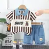 2024 Nuevo Verano Conjunto de Dos Piezas para Niños de Mezclilla con Cuello Rayado de Manga Corta Casual de Algodón Pantalones de Cinco Puntos Venta al por Mayor