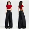 Jeans de trabalho azul retro americano, perna larga solta para mulheres, novas calças casuais de cintura alta, afuniladas e com caimento