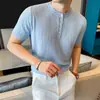 2026 Verão Estilo Old Money Masculino Jacquard de Diamante Gola Henley Camiseta de Malha de Manga Curta Polo Masculina Texturizada Tendência