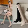Botas Largas Elásticas para Mujer Chuyuji, Botas de Tacón Alto con Punta Fina, Botas Caña Alta Color Caqui, Botas Altas de Ante