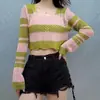 Suéter de Rayas Arcoíris para Mujer Blusa Hueca Verano Nuevo Diseño Dulce Chica Caliente Top Corto Mangas Largas