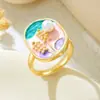Anillo de Cobre con Flor Pintada en Esmalte y Microincrustación de Esmalte para Mujer, Moda Transfronteriza Europea y Americana, Estilo Nacional, Personalizado, Diseño Abierto Ajustable