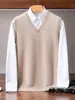 Chaleco de cachemir para otoño e invierno, de siete agujas y doble hilo, engrosado, para hombre, cuello en V, casual de negocios, sin mangas, tejido
