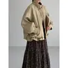 Jaqueta corta-vento feminina Jiangzuo Retro Literária com cordão e gola alta, cáqui, para pessoas baixas, modelo solto 8680