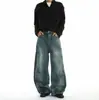 Jeans Masculino de Barra Larga Desconstruído Estilo Americano Perna de Tesoura Primavera Outono Novo Solto Casual Perna Reta Calça Longa Tendência