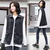 Colete Jeans Preto Outono Primavera Feminino Solto Rasgado Estilo Coreano Colete Sem Mangas Tamanho Grande Comprimento Médio Peça de Roupa Exterior