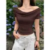 Camiseta de Manga Corta de Verano Estilo Francés con Cuello Oscilante para Mujer, Diseño Ajustado con un Top Versátil Puro y Deseable sin Hombros