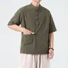 Verão 2025 Novo Estilo Chinês Cor Sólida Gola Alta Algodão e Linho Camiseta Masculina Retro Japonês Traje Tang Estilo Chinês Hanfu Top