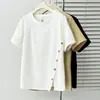 Camiseta informal de verano para mujer talla grande, nuevo diseño de nicho, botones diagonales, abertura, cuello redondo, manga corta 0619