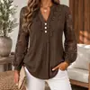Blusa de Encaje Patchwork de Manga Larga para Mujer Otoño e Invierno Cuello en V Media Botonadura Mangas de Farol Plisadas Prenda Básica Elegante Camisa Elegante