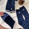 Nuevos Calcetines de Media Pantorrilla Otoño e Invierno en Azul Marino, Estilo Universitario Serie Miu, Calcetines Sin Costuras con Lazo, Accesorios para Mujer, Calcetines con Volantes de Encaje
