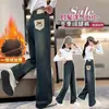 Calças de fleece forradas para meninas, vestuário de inverno, calças de perna larga para meninas grandes, calças de algodão grossas de inverno, macacão de fleece jeans de inverno para crianças