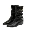 Botas de mujer de cuero genuino en stock, punta fina, color café, botas plisadas de tacón grueso, nuevo modelo 2026, botas cortas estilo vaquero western con hebilla