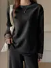 Camiseta Longa Preguiçosa de Início de Outono Selecionada Cuidadosamente para Mulheres com Top de Renda Splicing de Design Camisa Base Casual Solta