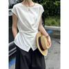 Camisa de Lino Azul Marino Sin Cuello de Manga Corta Volante para Mujer Chaleco Irregular con Hebilla Cruzada Top de Algodón Lino Estilo Old Money