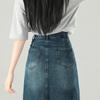 Saia Jeans Modeladora de Cintura com Fenda Atrás, Saia Azul Retrô Petite A-Line, Nova Saia Quadril de Cintura Alta 2025