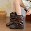 Botas de cuero con suela gruesa, versión de piel de vaca, con detalles plisados, botas estilo Martin, nuevo estilo 2026, botas vaqueras, botas de media caña para mujer, botines